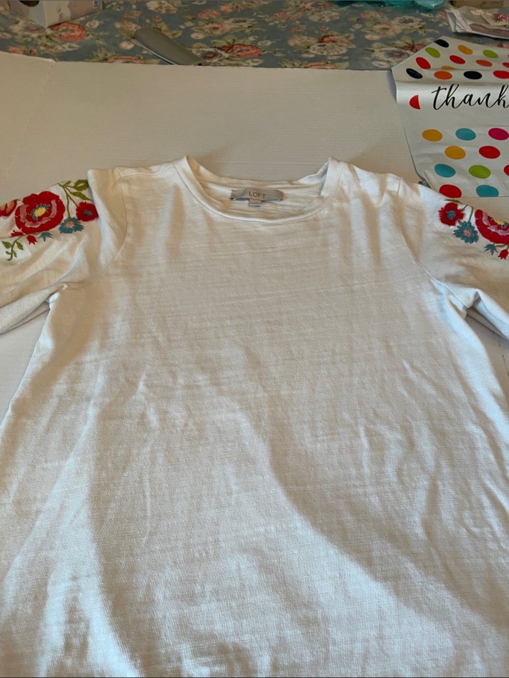 LOFT Womens ' White Embroidered Sleeve Top